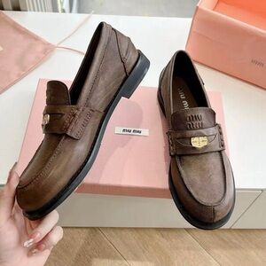 Miu Miu Chocolate Brown Leather Loafers with Gold-Tone Buckle
